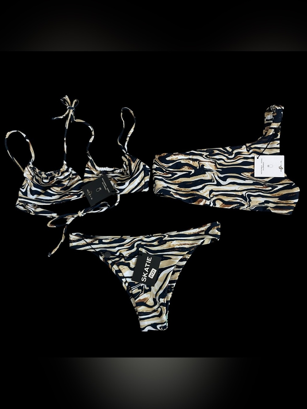 SKATIE 3PC Bikini Set 2 Tops 1 Bottom Marble Zebra Print NWT Small